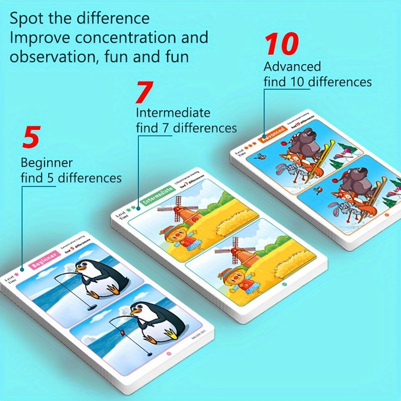 Fun and educational spot the difference game featuring 36 cards with monkey illustrations. Includes marker pen to improve focus and learning. Perfect gift for youngsters, colorful patterns