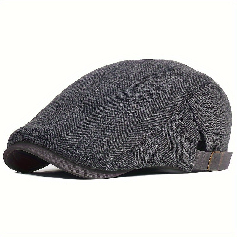 Men's Vintage Newsboy Cap in a Big Size, Made with Thick Warm Polyester Beret Material, Featuring a Casual Striped Peaked Hat Design, Adjustable Flat Cap with Herringbone Weave, Easy to Hand Wash