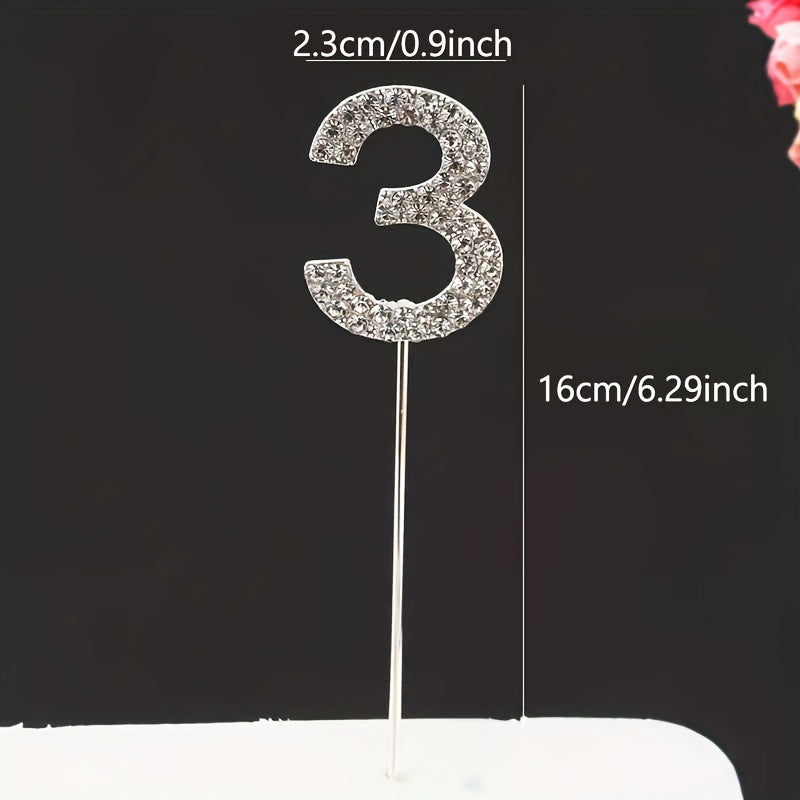 Rhinestone number cake topper in gold or silver, perfect for birthdays, showers, and weddings