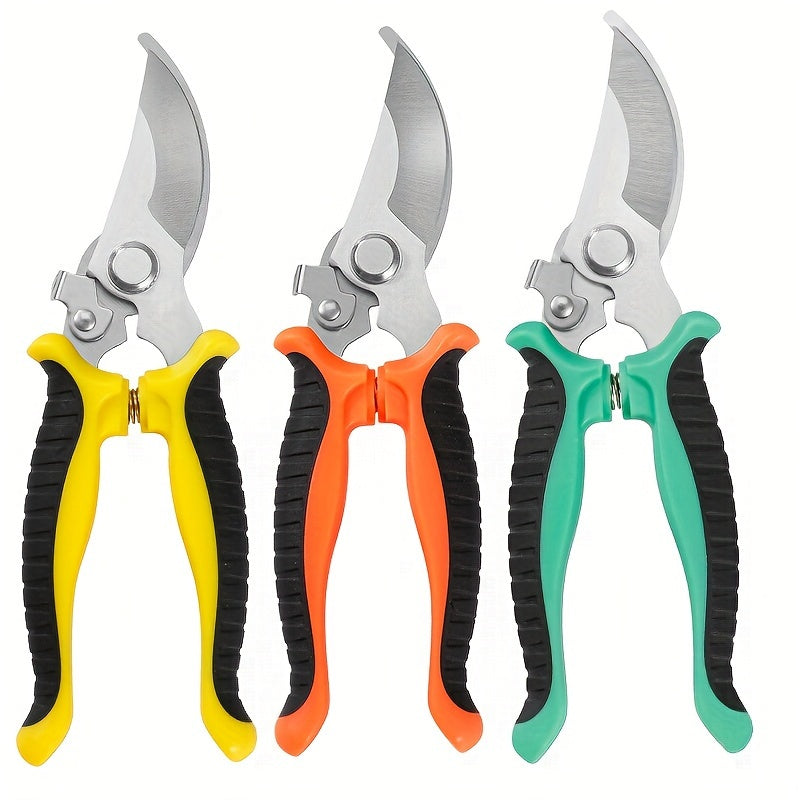 Stainless steel fruit and branch scissors with multi-functional, anti-slip design for labor-saving manual pruning.