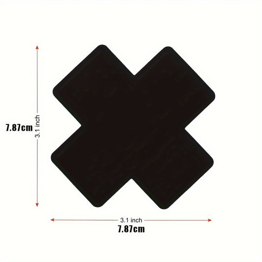 20 self-adhesive, disposable black cross-shaped satin nipple covers for strapless outfits. Made of polyester, a women’s fashion accessory.