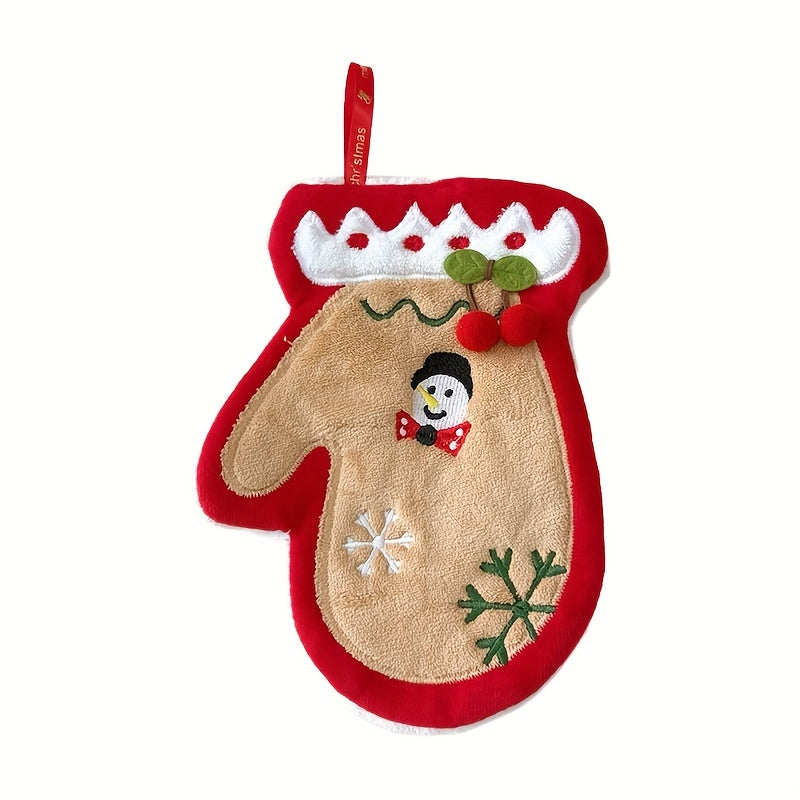 1 Festive Santa Claus hand towel made of thickened coral fleece, quick-dry and absorbent with a hanging loop. Features a cartoon snowman glove design for kitchen or bathroom use. Modern style with high absorbency, perfect for Christmas. Hand wash only