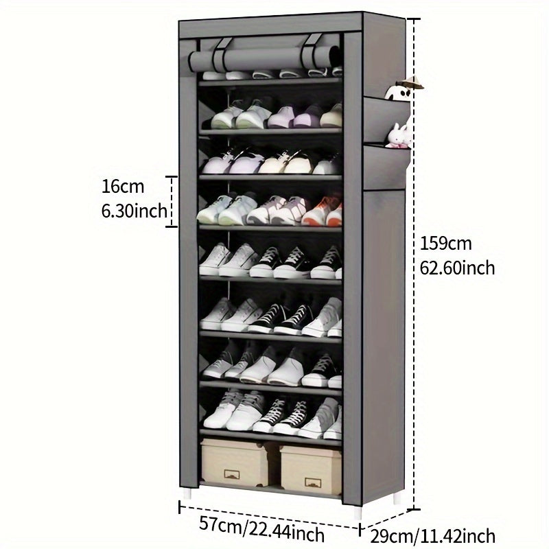 A single piece, 10-tier, durable and spacious shoe rack perfect for the bedroom doorway. This vertical storage solution can hold 18-22 pairs of shoes and comes with an independent cabinet featuring a dust cover for added protection.