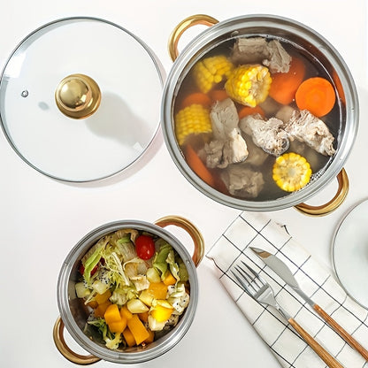 A multifunctional kitchen cookware set made of stainless steel comprising of 5 pots with double handles and 5 transparent lids. Compatible with gas stoves and induction cookers, suitable for cooking soup, stew, and noodles in 5 different sizes.