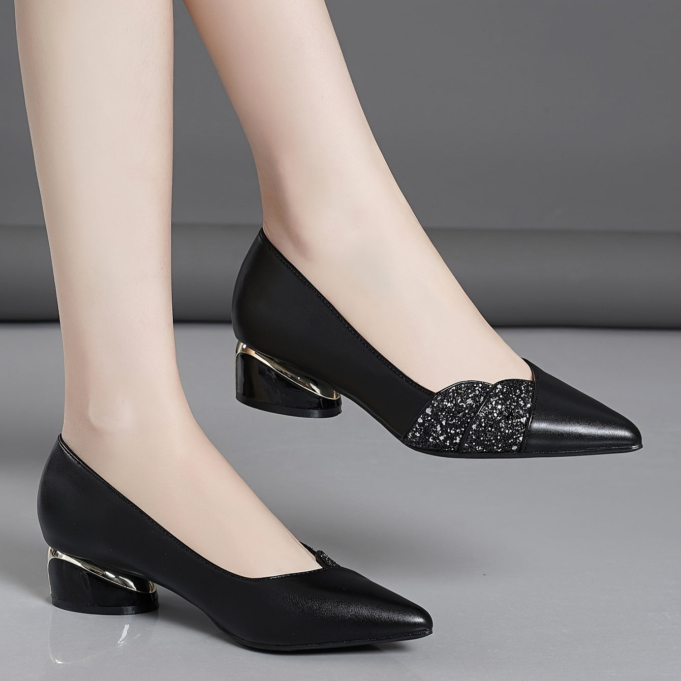 Women's chic pointed-toe pumps with rhinestone detail and comfortable chunky heel, perfect for fall.