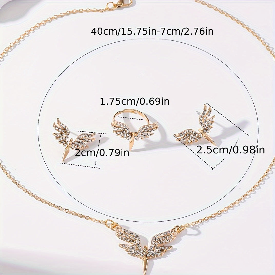 Women's Angel Wing Jewelry Set in Golden Tone with Black Accents - Includes Necklace, Earrings, Ring - Suitable for all occasions, great gift for Mom or friend.