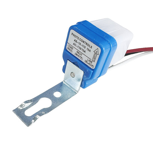 AS-10 Automatic Photocell Light Switch with 10A capacity, suitable for 110V/220V. Automatically turns lights on/off. Blue with white terminals. Ideal for outdoor street lights. Features