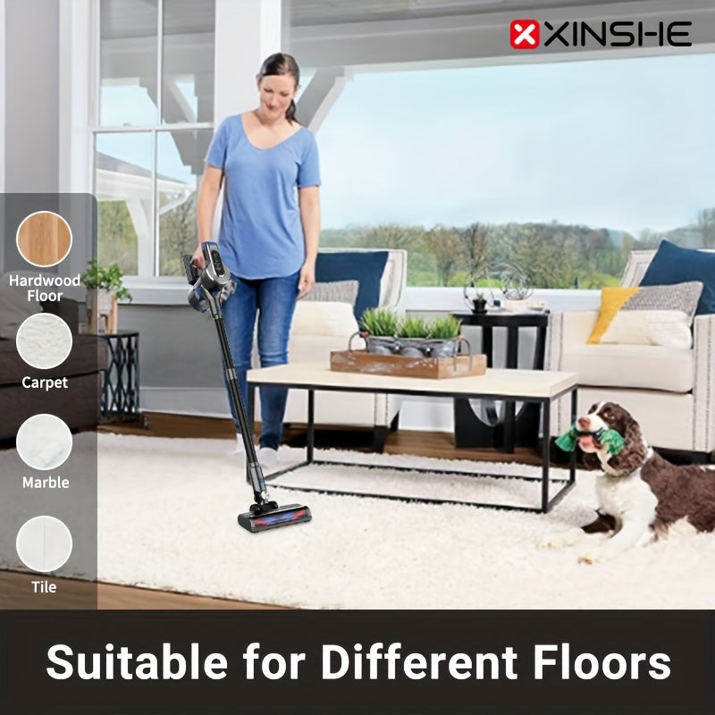 The XINSHE Handheld Vacuum Cleaner offers powerful 40,000Pa suction, with an LED display and long-lasting 40-minute battery. Perfect for tile, blanket, and hardwood floors, it is cordless with a rechargeable lithium battery and meets European standards.