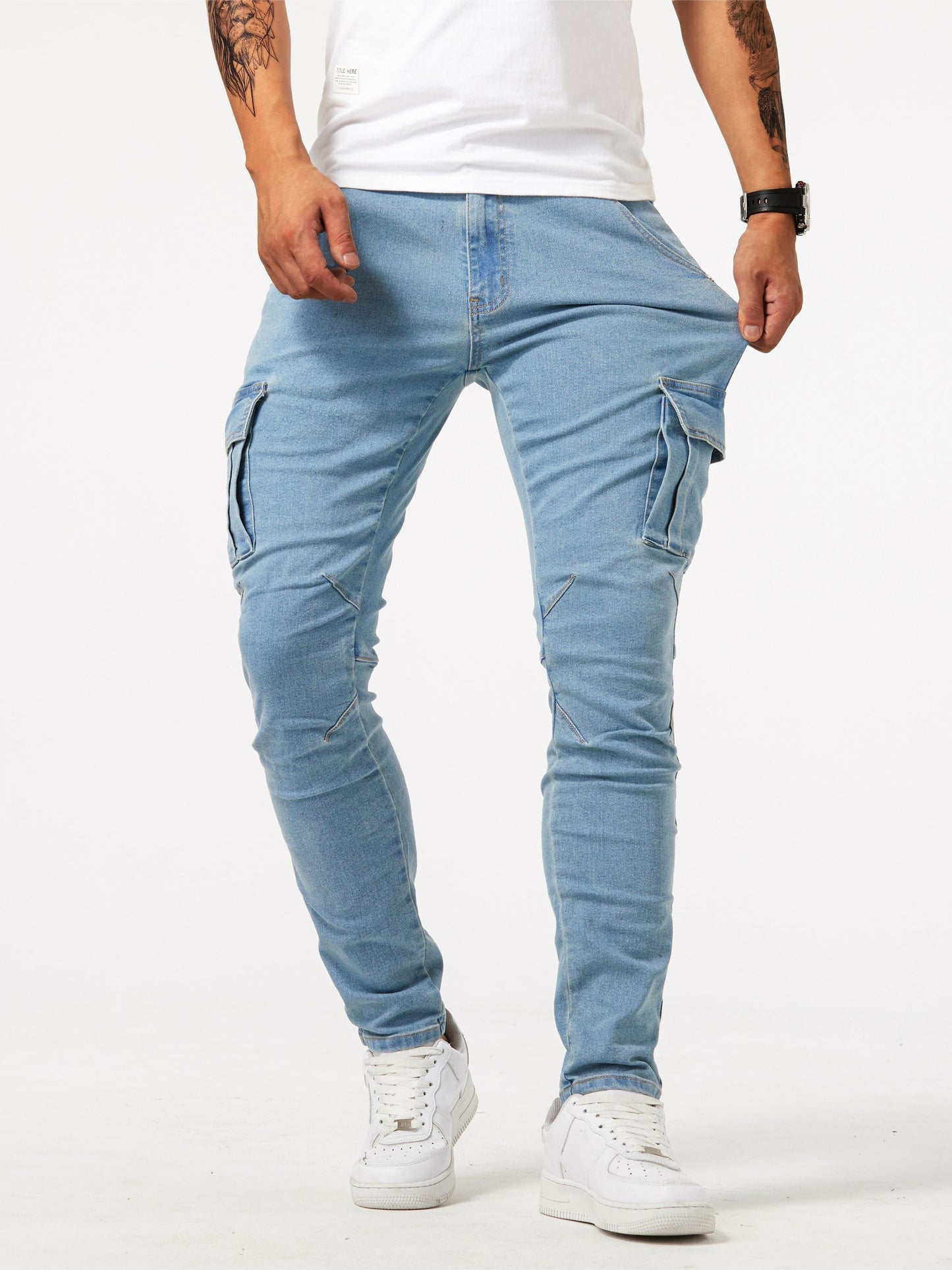 Men's slim jeans with multi-pockets, high stretch denim blend, solid color, washed finish, skinny fit, regular length, and 385g/m² weight - ideal for teens.