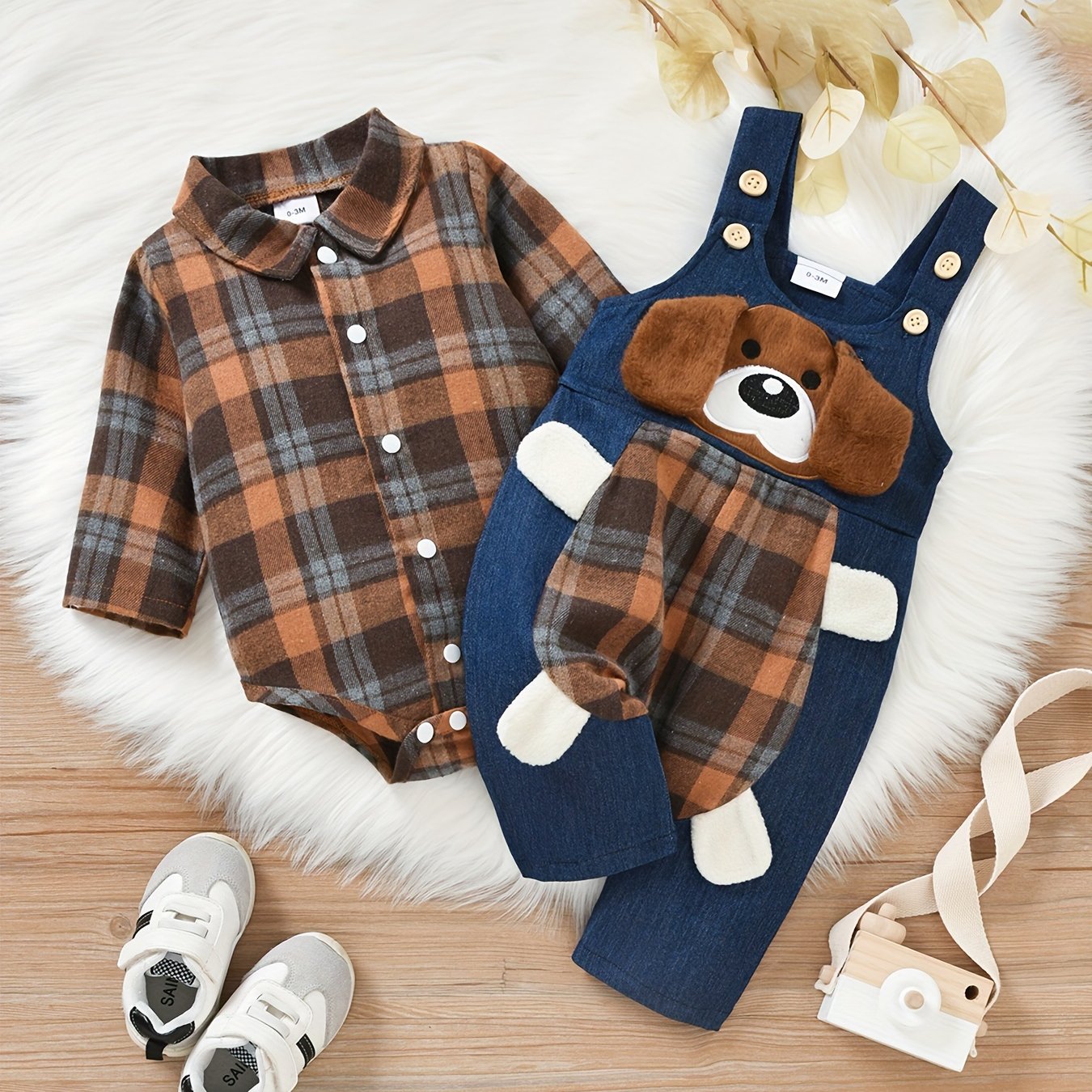 Plaid long sleeve bodysuit with jeans overalls set for boys aged 0-18 months, featuring stand collar, button detail, and woven fabric for outdoor wear.