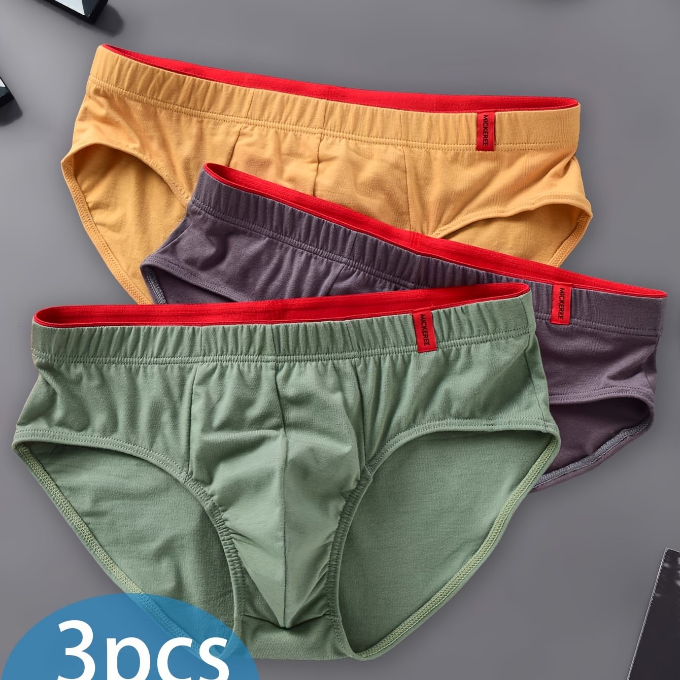 Three Mixed Color Men's Solid Casual Cotton Feel Triangle Underwear with Mid-Rise Comfort, Trendy Design, Breathable, Elastic, and Sweat-resistant.