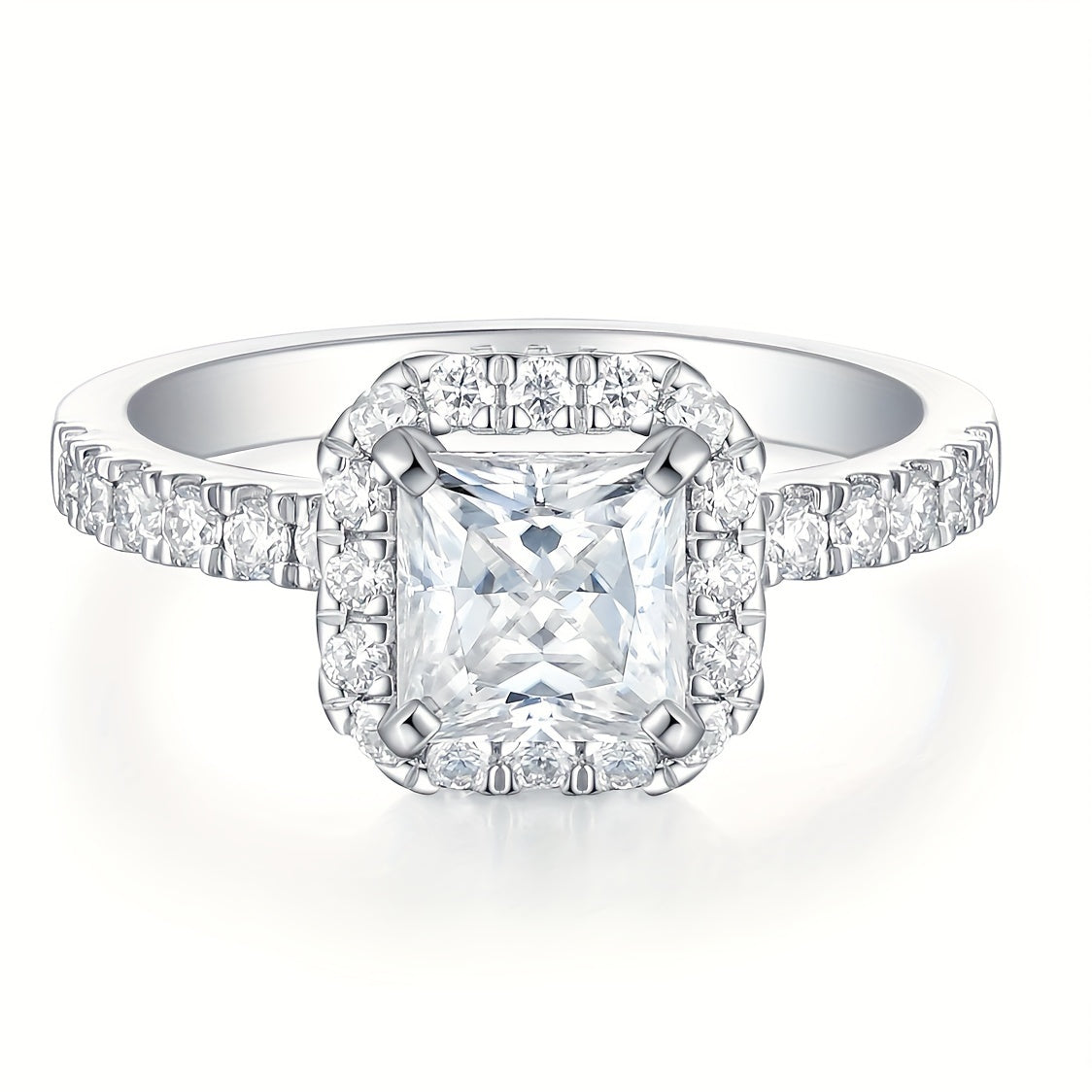 Stunning 3ct VVS Natural Princess Cut Moissanite Engagement Ring featuring a 4-Prong Setting and Pave Band, perfect for April Birthdays or as a Valentine's Day Gift. This 14K Golden Plated Halo Ring is ideal for both Daily Wear and Special Occasions.