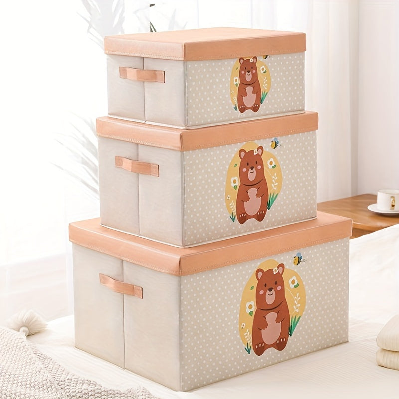 Large Capacity Fabric Storage Box with Lid featuring Cute Cartoon Bear & Dog Design - Dustproof Organizer for Clothes, Quilts - Perfect for Home Use, Under-Bed Storage, and Clothes Organization