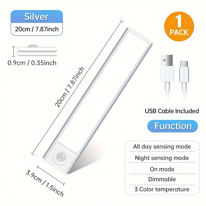 One rechargeable sensor light strip with adjustable brightness and three colors available.