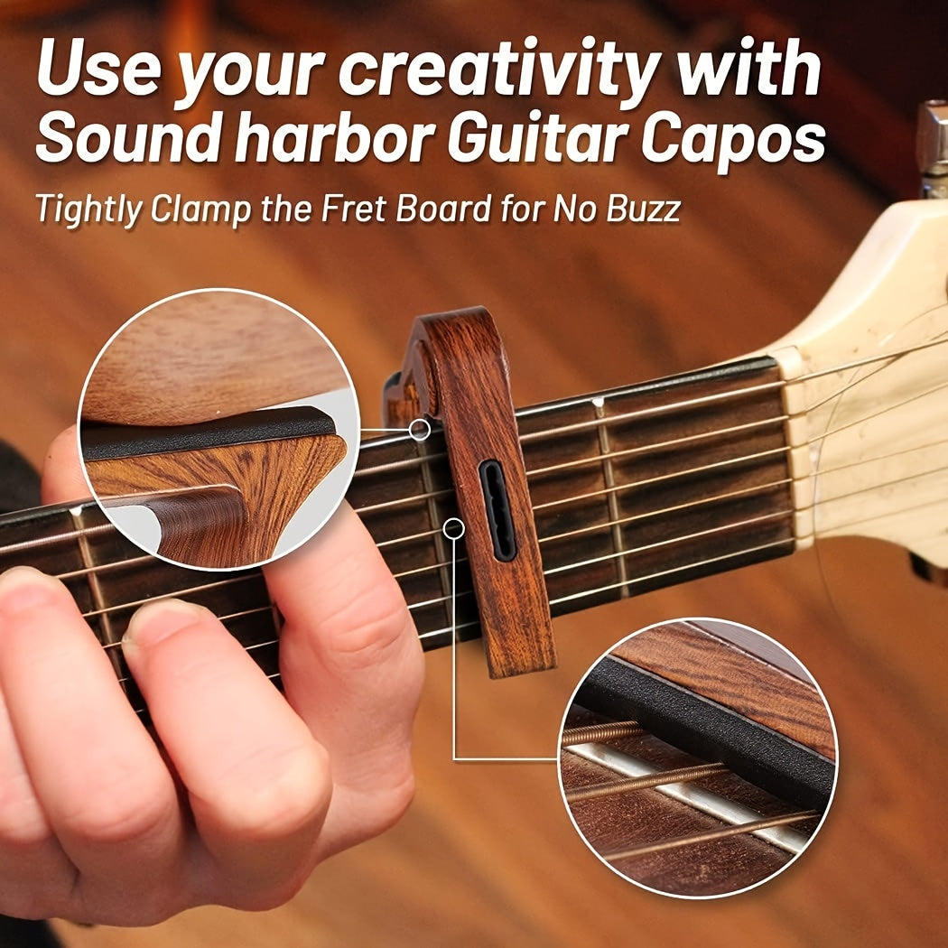 Rosewood guitar capo with pick holder, ideal for a variety of instruments. Comes with picks.