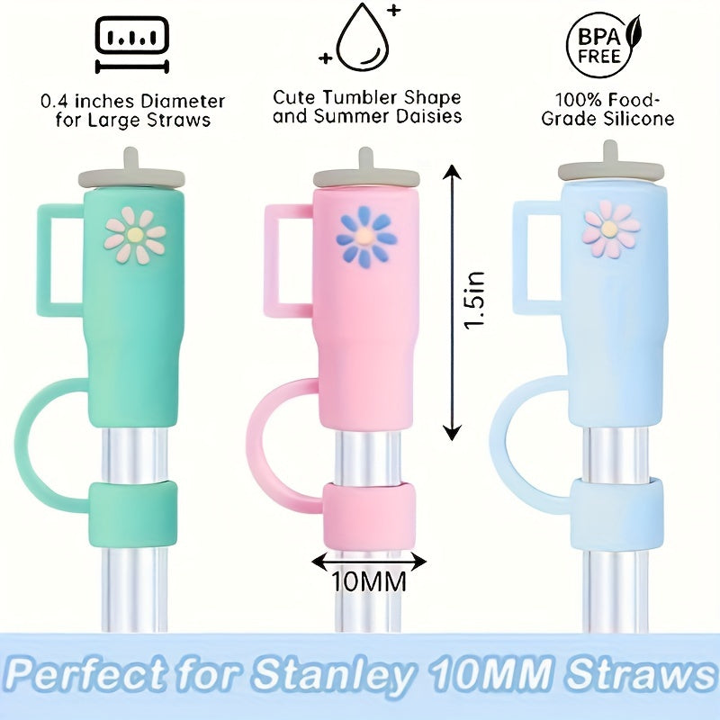 10 flower tumbler straw cover caps for Stanley cups made of silicone, compatible with 30oz and 40oz tumblers with handle. Covers have a 10mm (0.4in) straw tip.