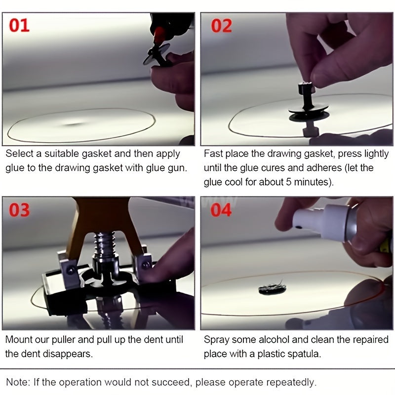 Dent puller kit for paintless dent repair, includes adjustable golden dent remover tools for large and small dings.