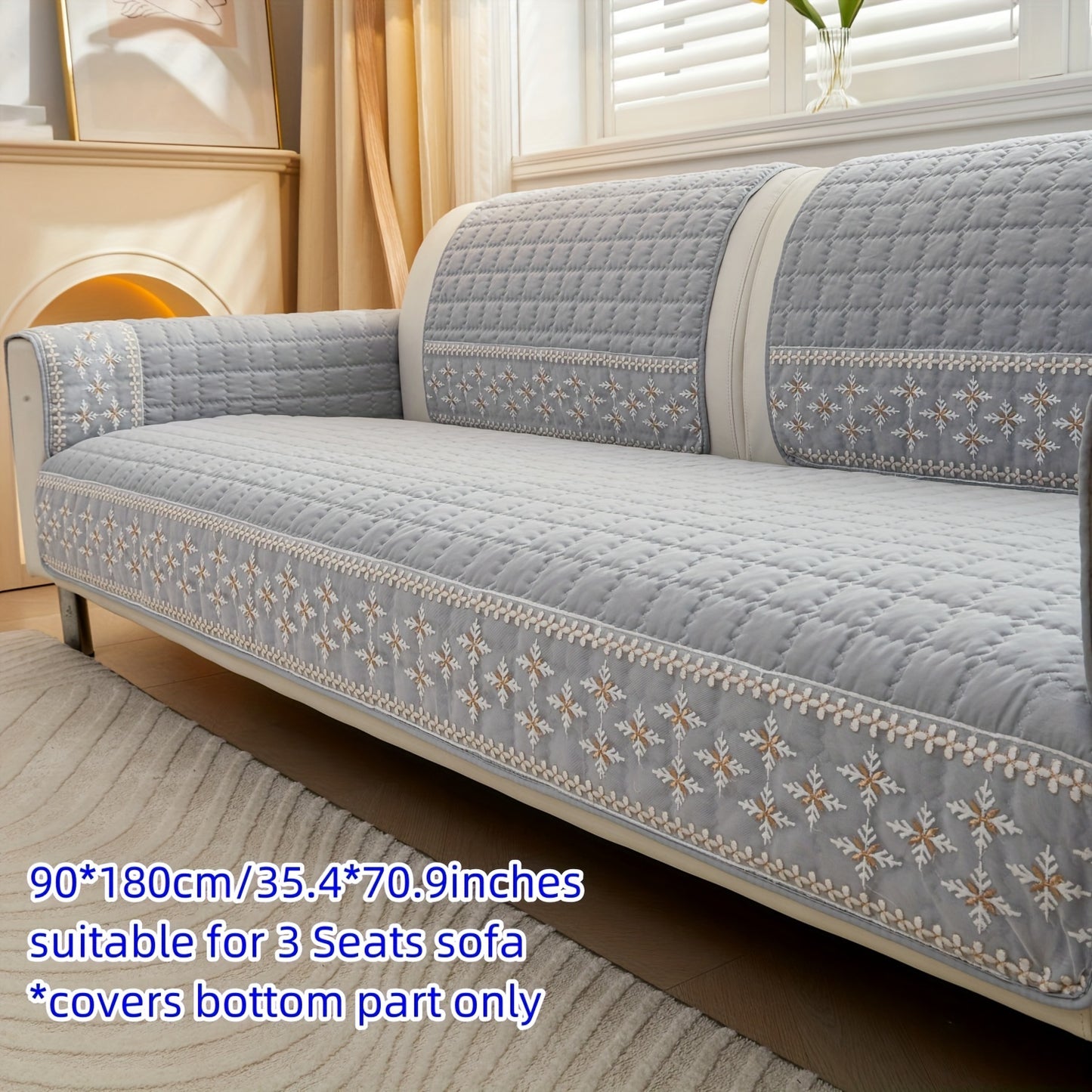 Gray velvet waffle sofa cover with lace detailing, non-slip and pet-friendly. Fits 1-4 seater sofas, machine washable.