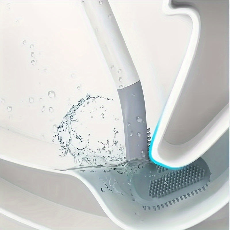 Rotating silicone toilet brush with long handle, wall mount design. Medium firmness, portable and does not require electricity.