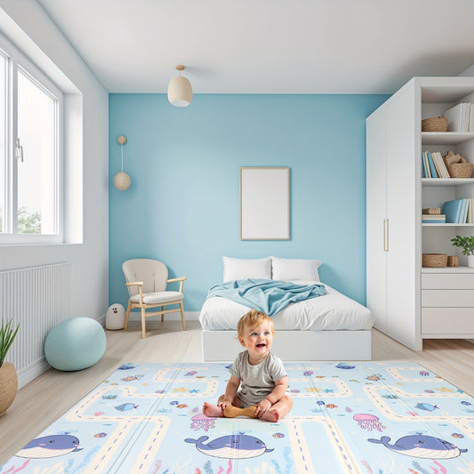 The Double-Sided Waterproof Play Mat, featuring a Blue Cartoon Animal Design, is engineered with a Foldable Non-Slip PE Surface. It is perfect for Crawling and Walking Training, as well as adding a touch of charm to your Nursery Floor. Makes for an Ideal