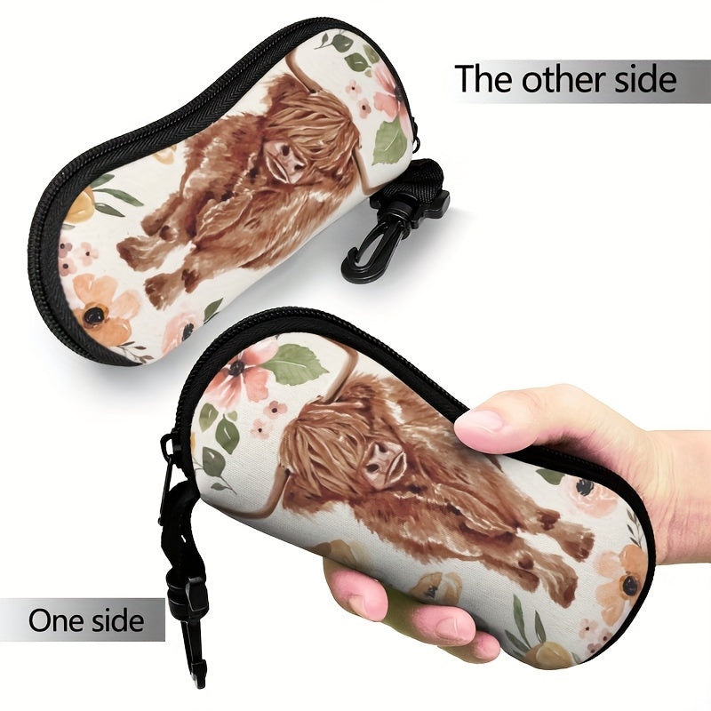 Highland Cow Glasses Case with Boho Floral Design - Stylish Travel Zipper Pouch for Men and Women