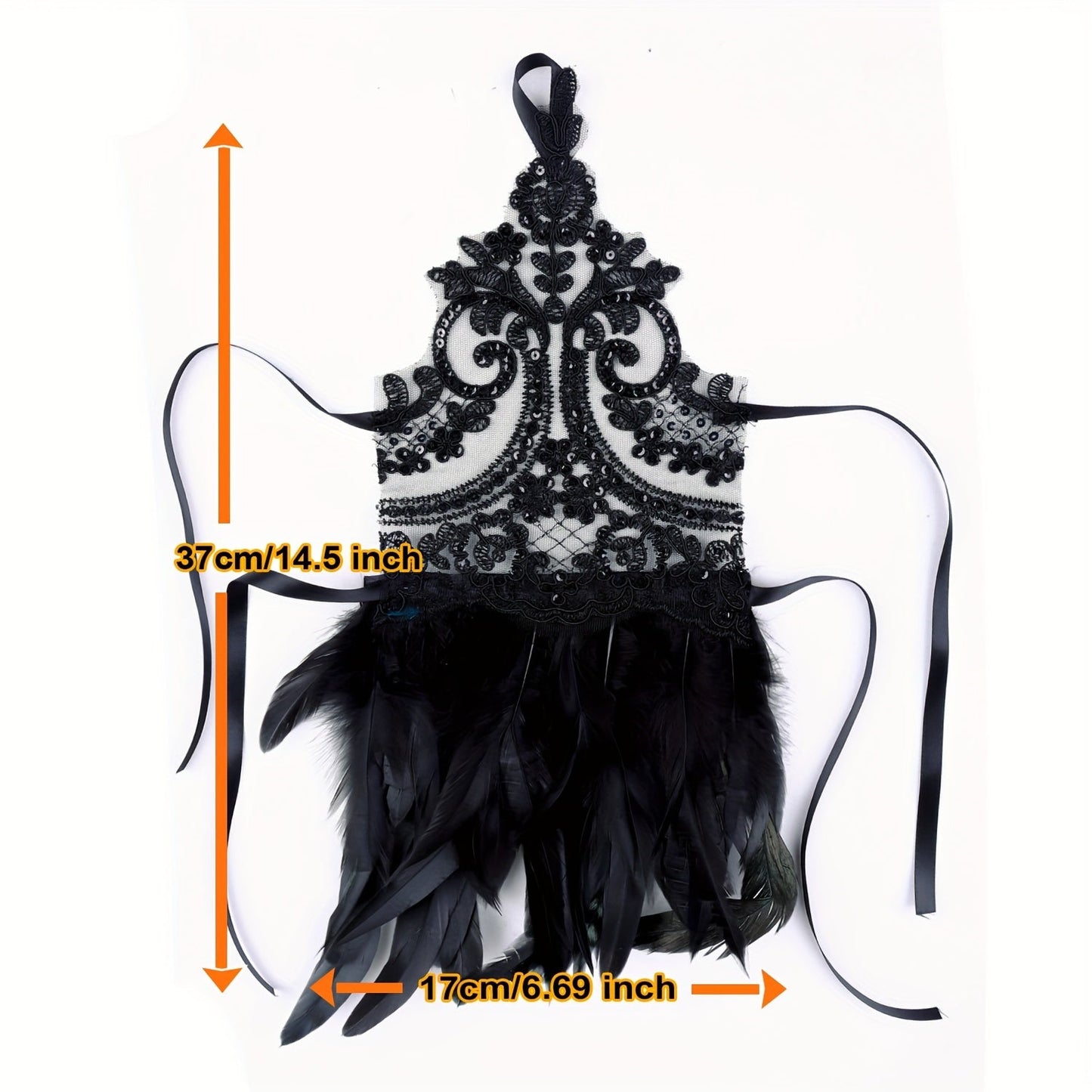 Chic Gothic-inspired gloves with faux feathers, monochrome lace, sequins, and lace-up hooks. Perfect for Halloween parties or dressing up your wrists.