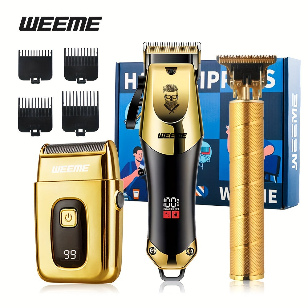 Golden hair cutting set for men includes professional clipper, razor, and trimmer. USB rechargeable with LCD display. Perfect gift for fathers, boyfriends, Father's Day, birthdays, and