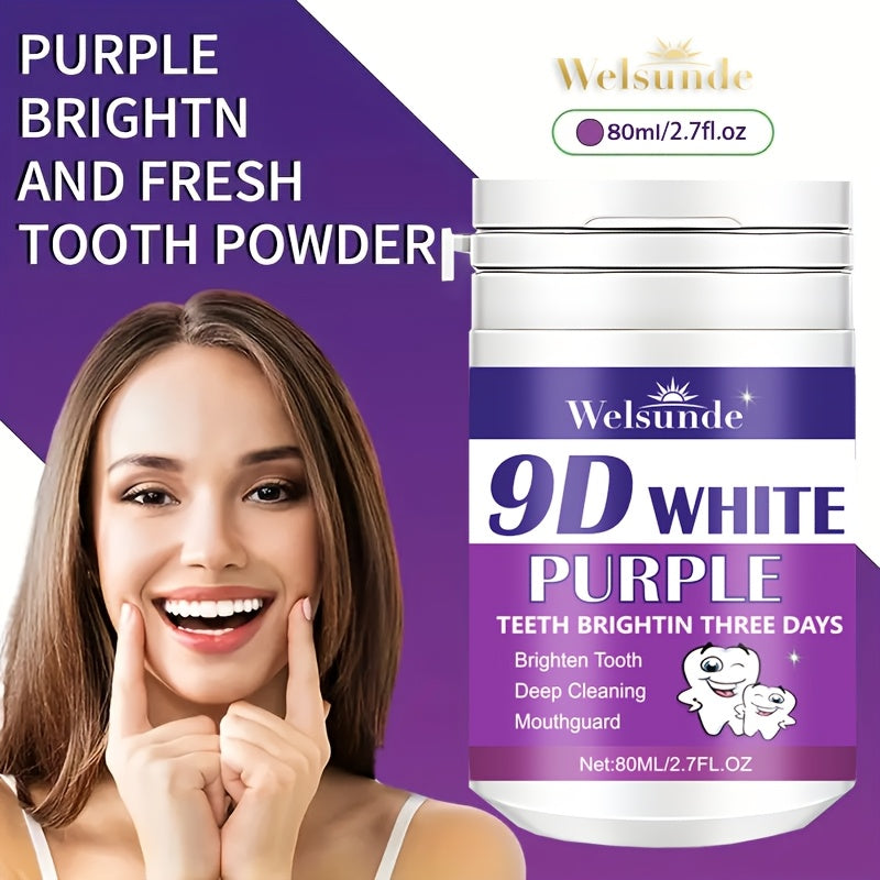 Welsunde 9D White Purple Tooth Powder: Deep cleans, brightens teeth, and freshens breath. Ideal for daily use and travel. 80g.