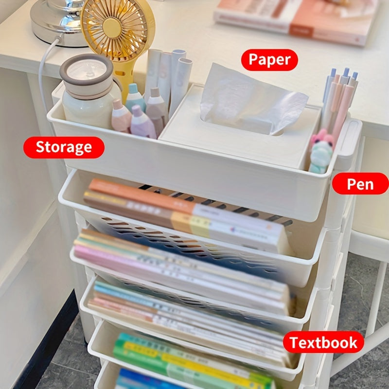 White plastic storage shelf with 5 or 6 layers for organizing items in office.