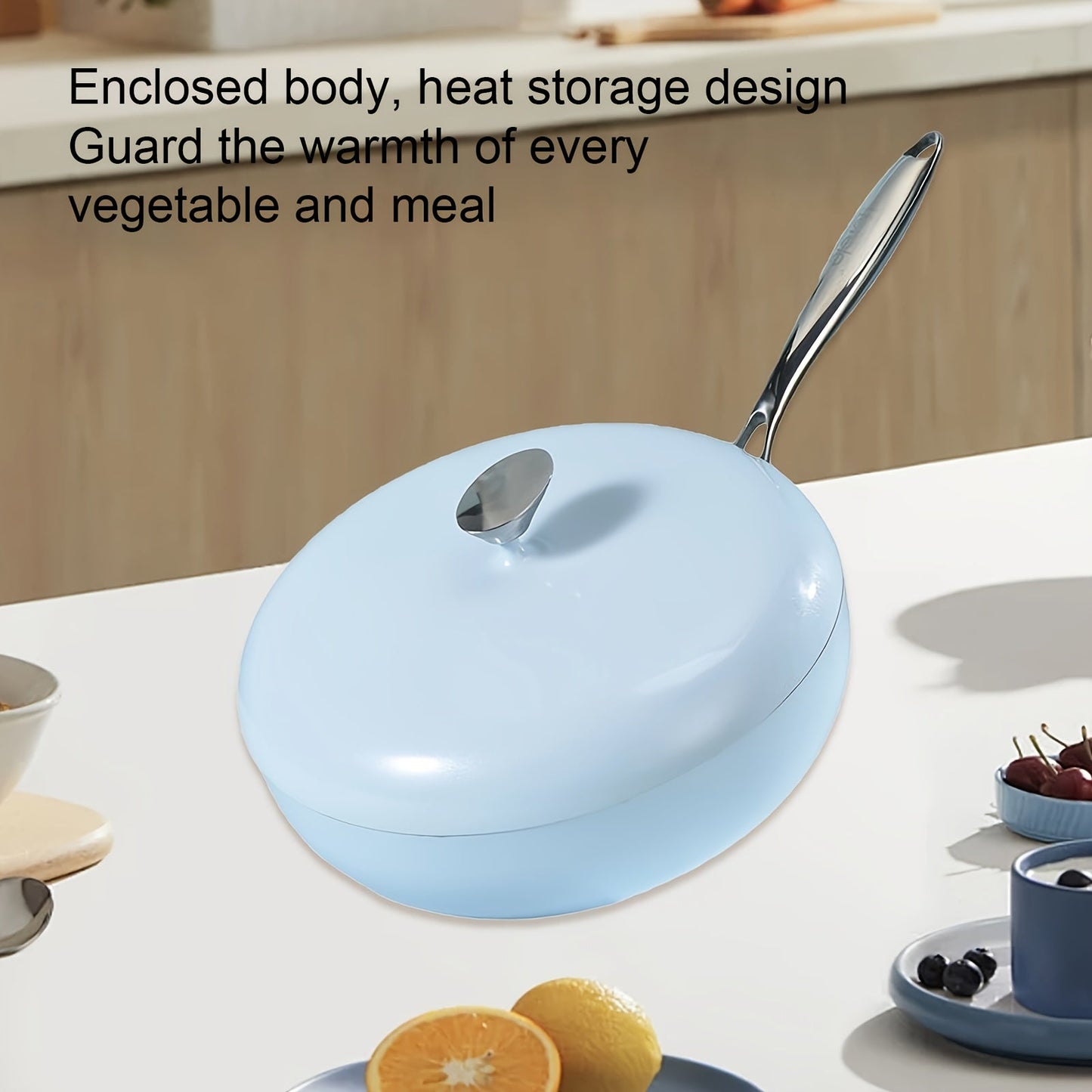 Small non-stick frying pan in sky blue with lid. Features a radiant warmth stone design and is compatible with induction and gas stoves. Ideal for cooking eggs, pancakes, and more. Perfect for household use. Great for cooking wheat, rice, and other