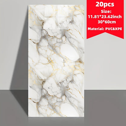 Set of 20 marble tile wall stickers, easily cut, install, and remove. Waterproof self-adhesive boards suitable for various rooms. Size: 59.99 * 29.97 cm. Ideal for kitchens, living rooms