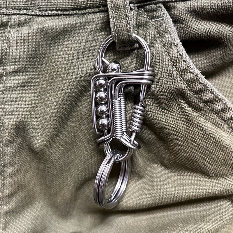 Men's Handcrafted Stainless Steel Keychain with Engraved Matte Bead Trinket, Mechanical Style Key Buckle, Small Decorative Accessory, Perfect Gift Option