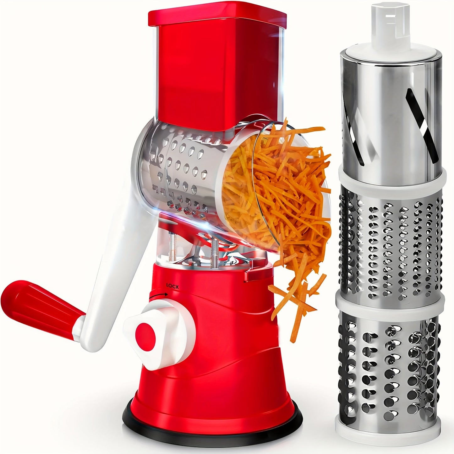 One piece of a durable plastic 3-blade fruit and veggie slicer and shredder, suitable for food-grade use in home kitchens, restaurants, and baking. This versatile tool is easy to assemble and perfect for all types of food preparation.