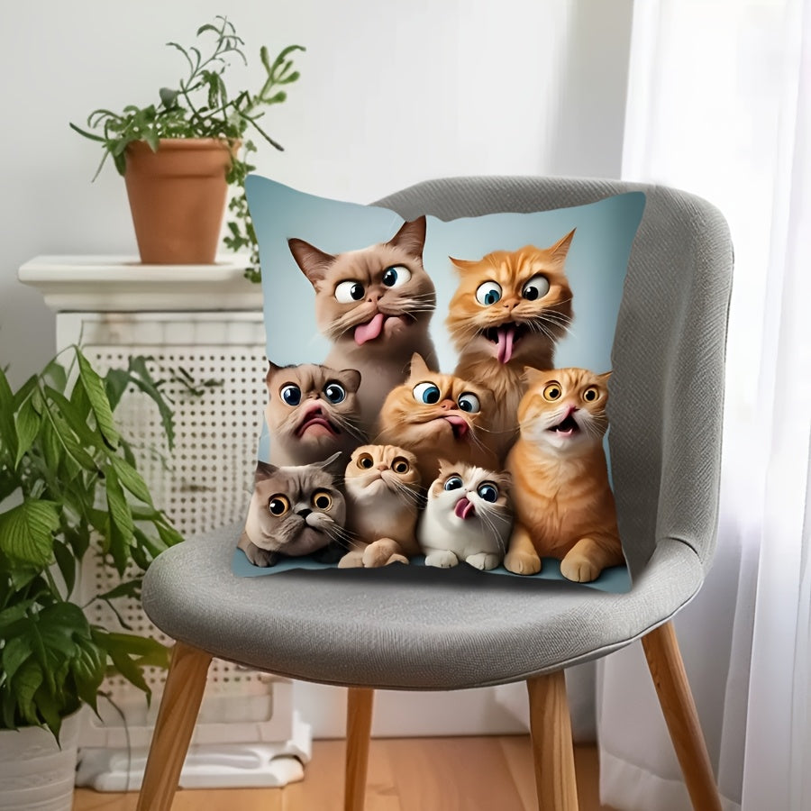 One-piece Glam Style Funny Cats Pillowcase, measuring 44.96cm x 44.96cm. Made of machine washable polyester fiber with a zipper closure. Features a woven decorative cushion cover for use on sofa, couch, or car. Single-side print, insert not included.