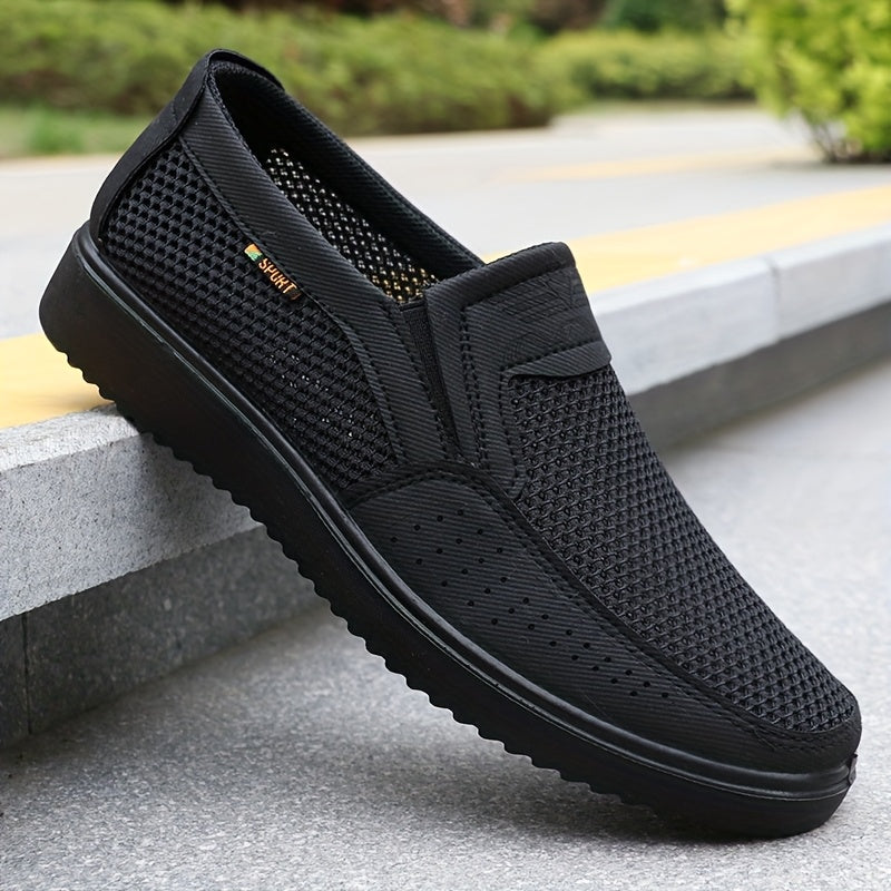 Brown mesh slip-on shoes with rubber sole for outdoor activities, all-season comfort.