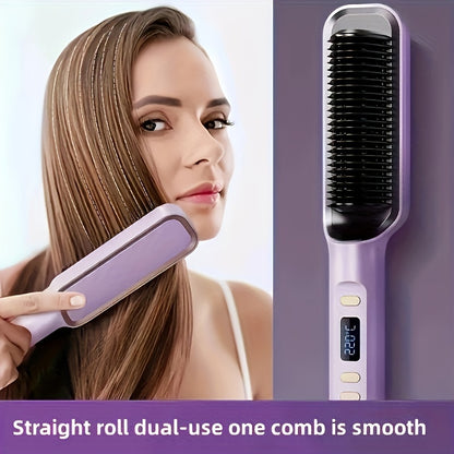 2-in-1 Ceramic Hair Straightener Brush with LCD Display, European Standard Plug, Perfect Mother's Day Gift for Unique Hairstyles