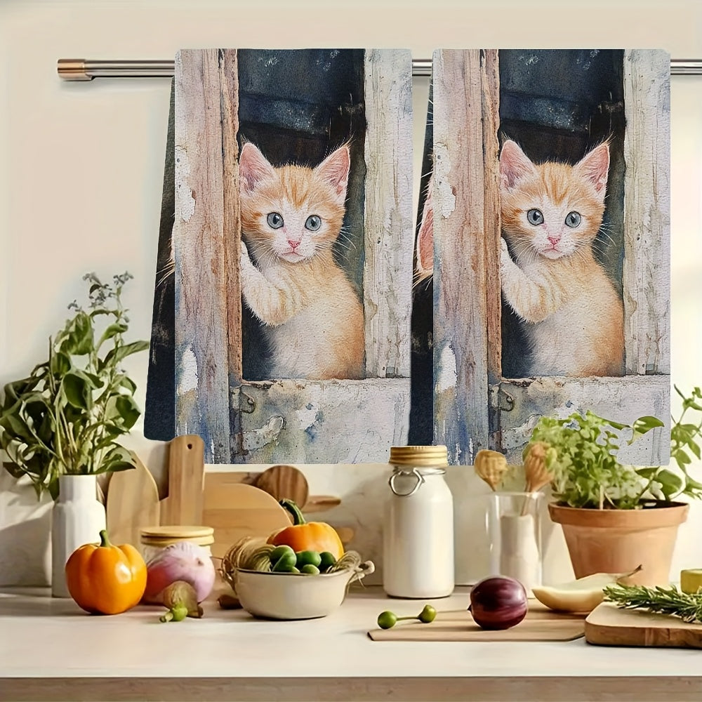 This kit includes 2 ultra-soft kitchen towels with a gentle meow from a kitten wanting to come inside. These highly absorbent dish and hand towels are ideal for holiday decoration, machine washable, and measure 40.64x60.96 cm.