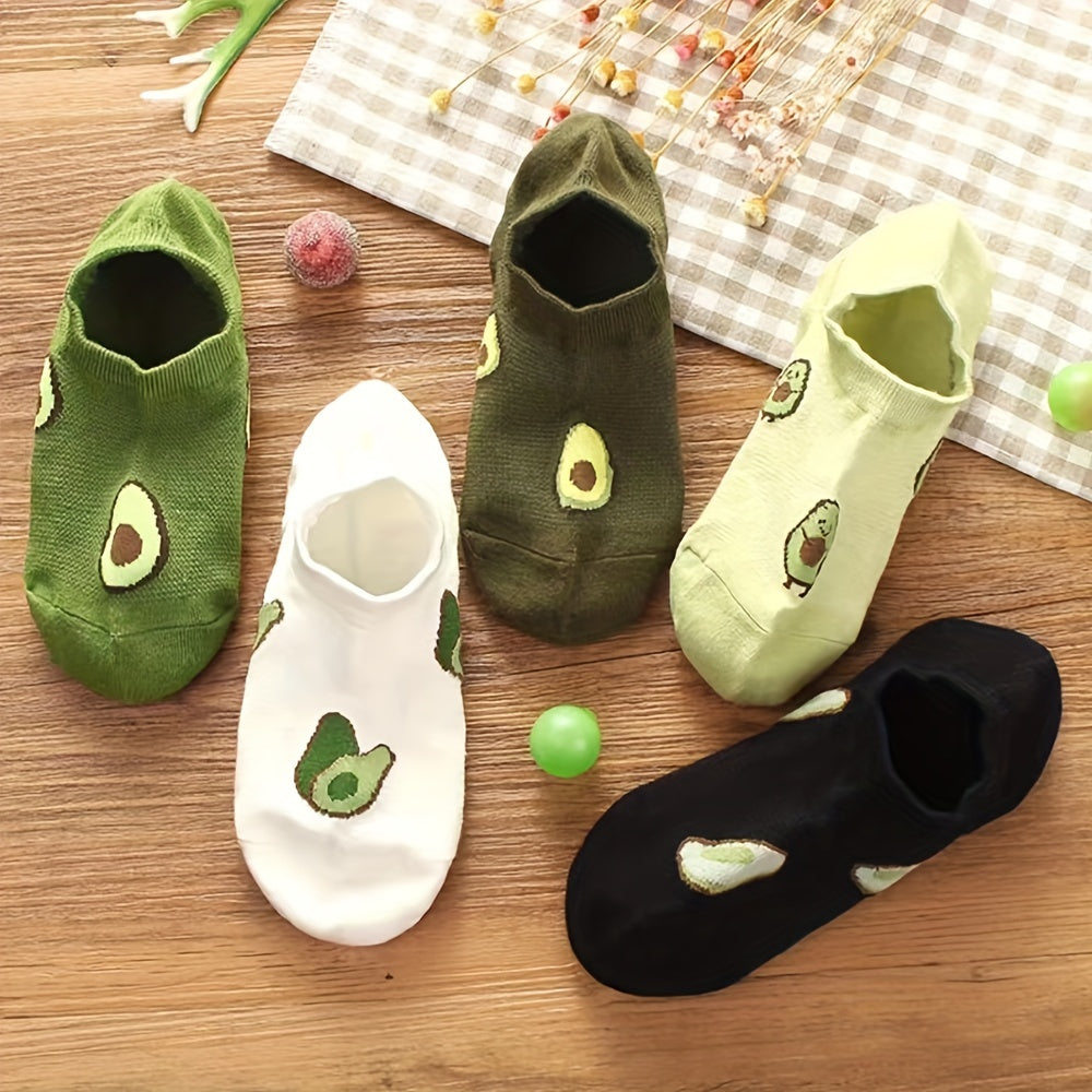 5 pairs of soft and lightweight low cut ankle socks featuring an avocado print, suitable for women.