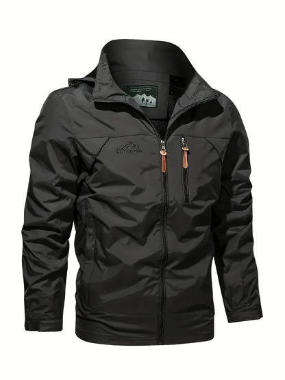 Men's Windproof Hooded Jacket for outdoor activities, machine washable.