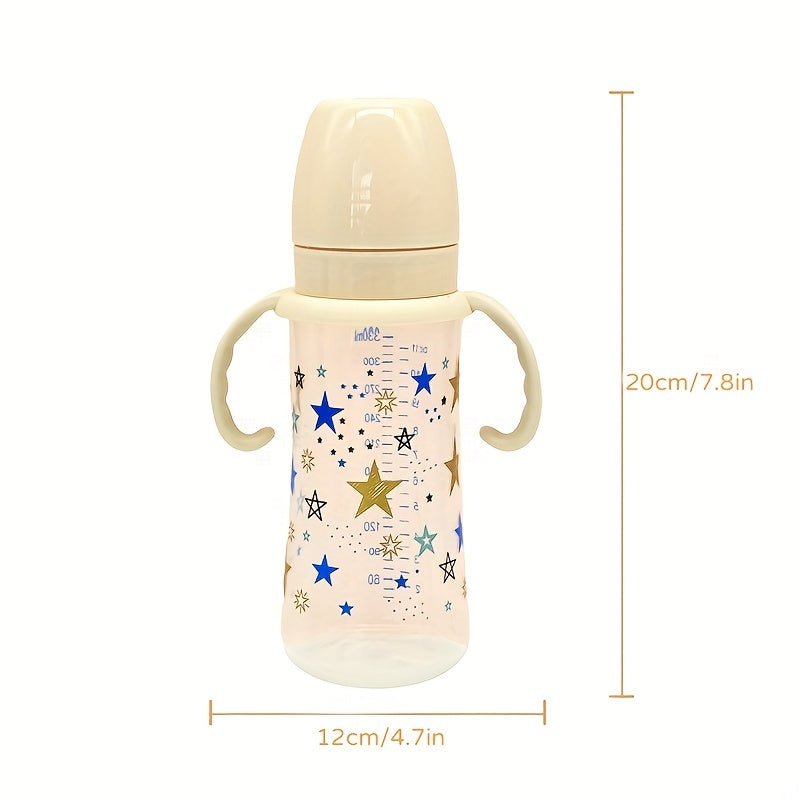 330ml Large Capacity Bottle with Wide Diameter, Handles, and Fall Resistant PP Material. Featuring a Cartoon Star Pattern, this is a Feeding Bottle ideal for Babies.