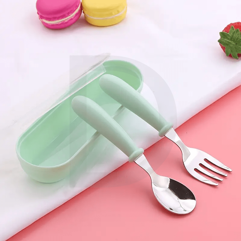 1-Piece Stainless Steel Utensil Set with Easy-Grip Handle for Ages 0-3. Includes Fork & Spoon in Storage Box. Wooden Material-Free, Electricity-Free. Color: Blue.