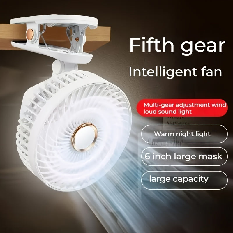 Portable USB Rechargeable Desk Fan with Nightlight - 1 Piece, 5 Speeds, 720° Rotation, Clip-On Design, Quiet Operation, Easy to Clean, Suitable for Indoor and Outdoor Use, Made of Durable Plastic, Includes Push Button Control and Built-in Lithium Battery.