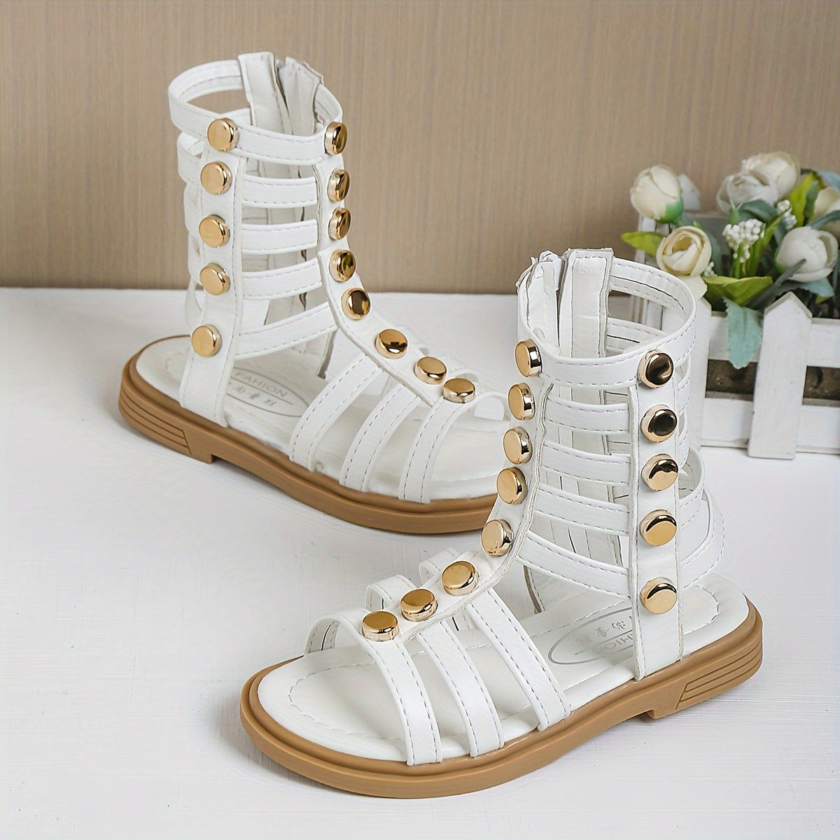 1 Pair of Fashion Rivet Buckle Sandals with Geometric Pattern, Back Zipper, Synthetic Faux Leather Upper and Rubber Sole for Spring/Summer Wear.