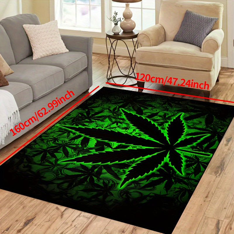 Illuminate your space with Black Background Fluorescent Marijuana Leaves this Halloween with our 1000g/m² Thick Felt Rug. Available in various sizes (15x23/19x31/31x47/39x59/47x63/63x78inches), this machine washable polyester rug is suitable for both