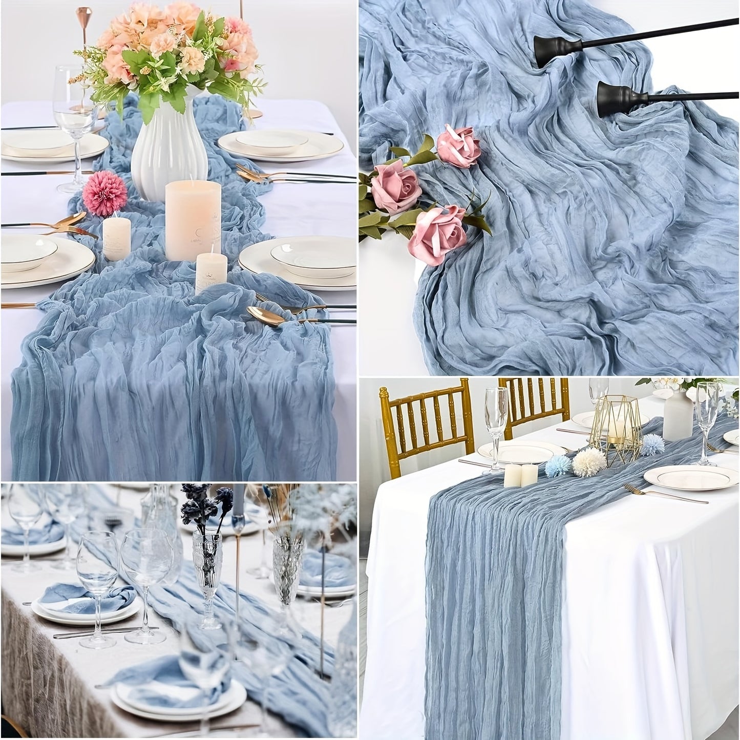 Blue Boho Chic Pleated Table Runner for Weddings & Bridal Showers - Polyester