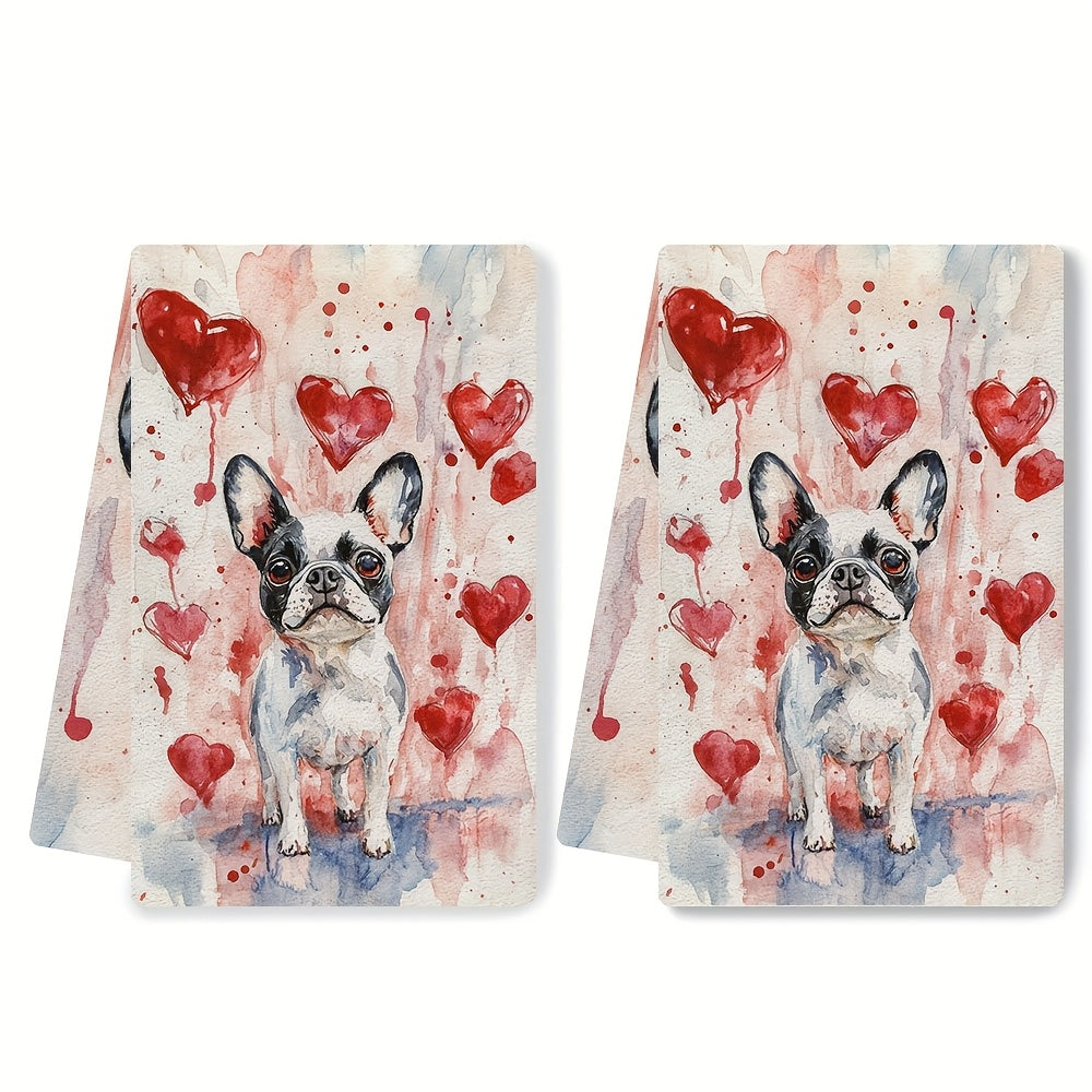 Two pieces of ultra soft kitchen towels featuring an adorable French Bulldog and heart design. These towels are highly absorbent and quick-drying, making them perfect for Valentine's Day decor. They are machine washable and measure 40.64x60.96 cm.