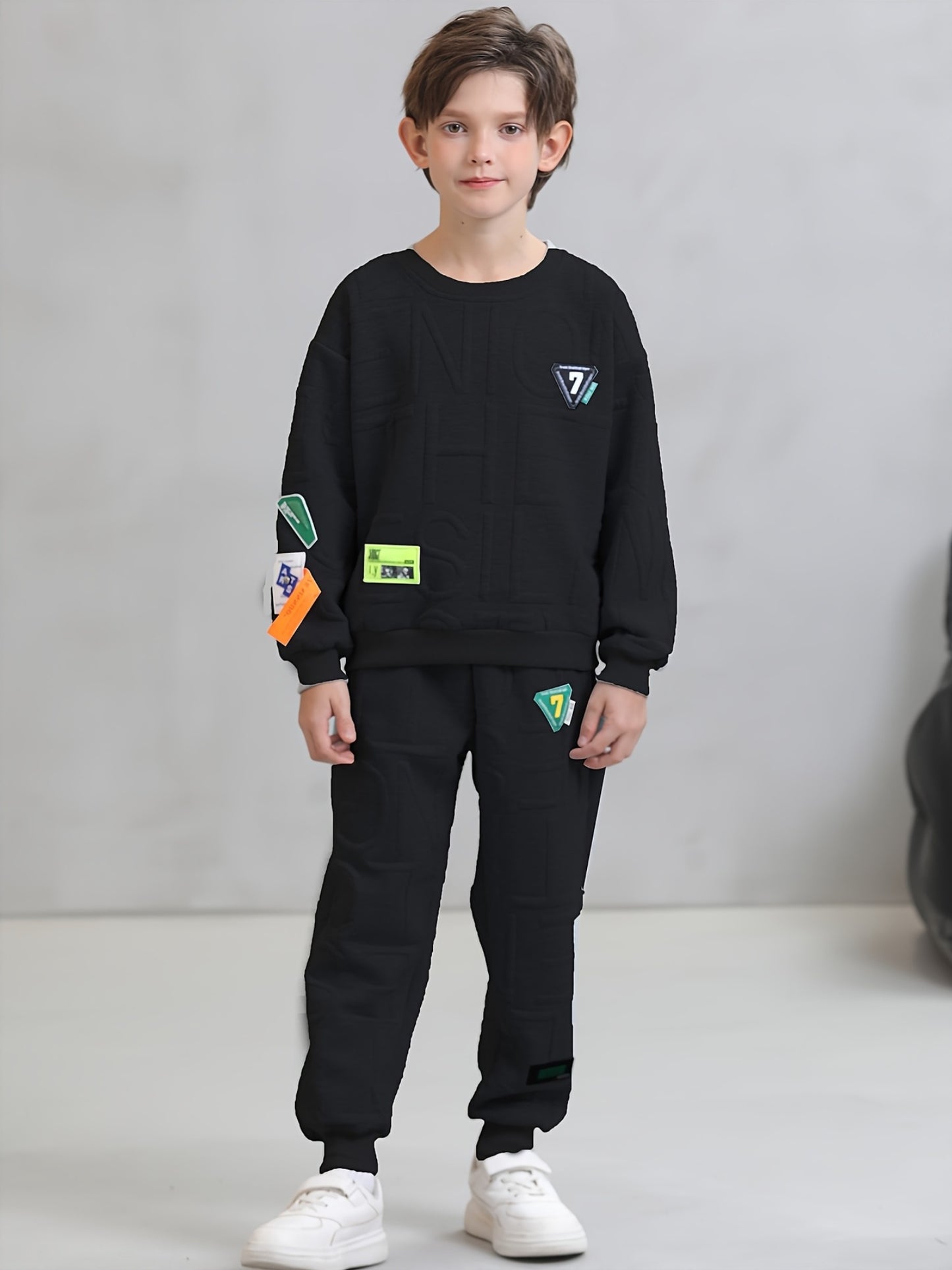 2-piece boys' casual viscose knit sweatshirt and pants set with alphabet pattern and applique detail for ages 12 and under, suitable for spring/fall outdoor wear.