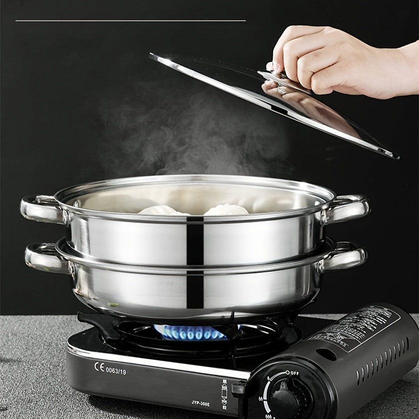 High-quality stainless steel double-layer steamer set suitable for both induction and gas stoves, ideal for cooking and entertaining.