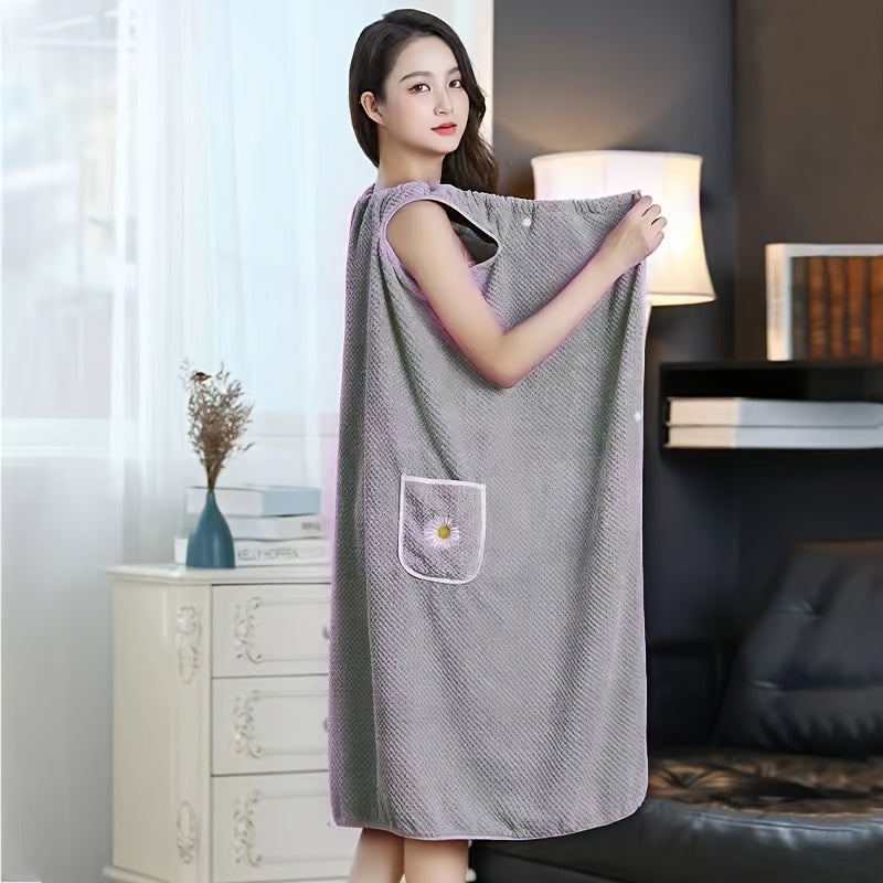 Large bath skirt doubles as adult towel, absorbs water without shedding hair, soft.