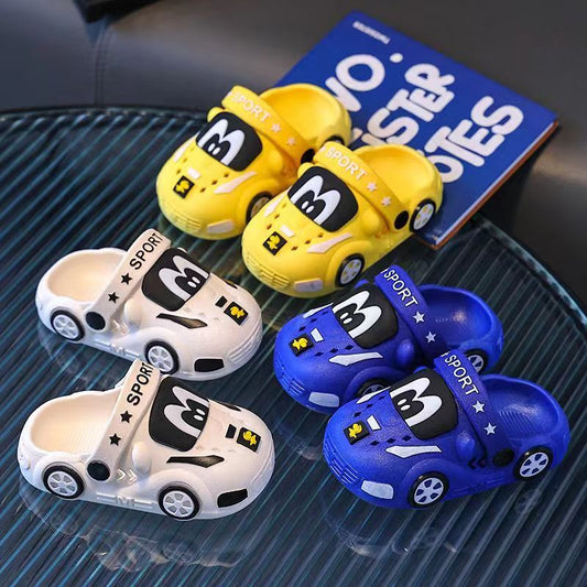 Kids Cartoon Car Slippers: Soft PVC indoor/outdoor clogs for boys and girls ages 14 and under. Slip-on water shoes for infants and toddlers.